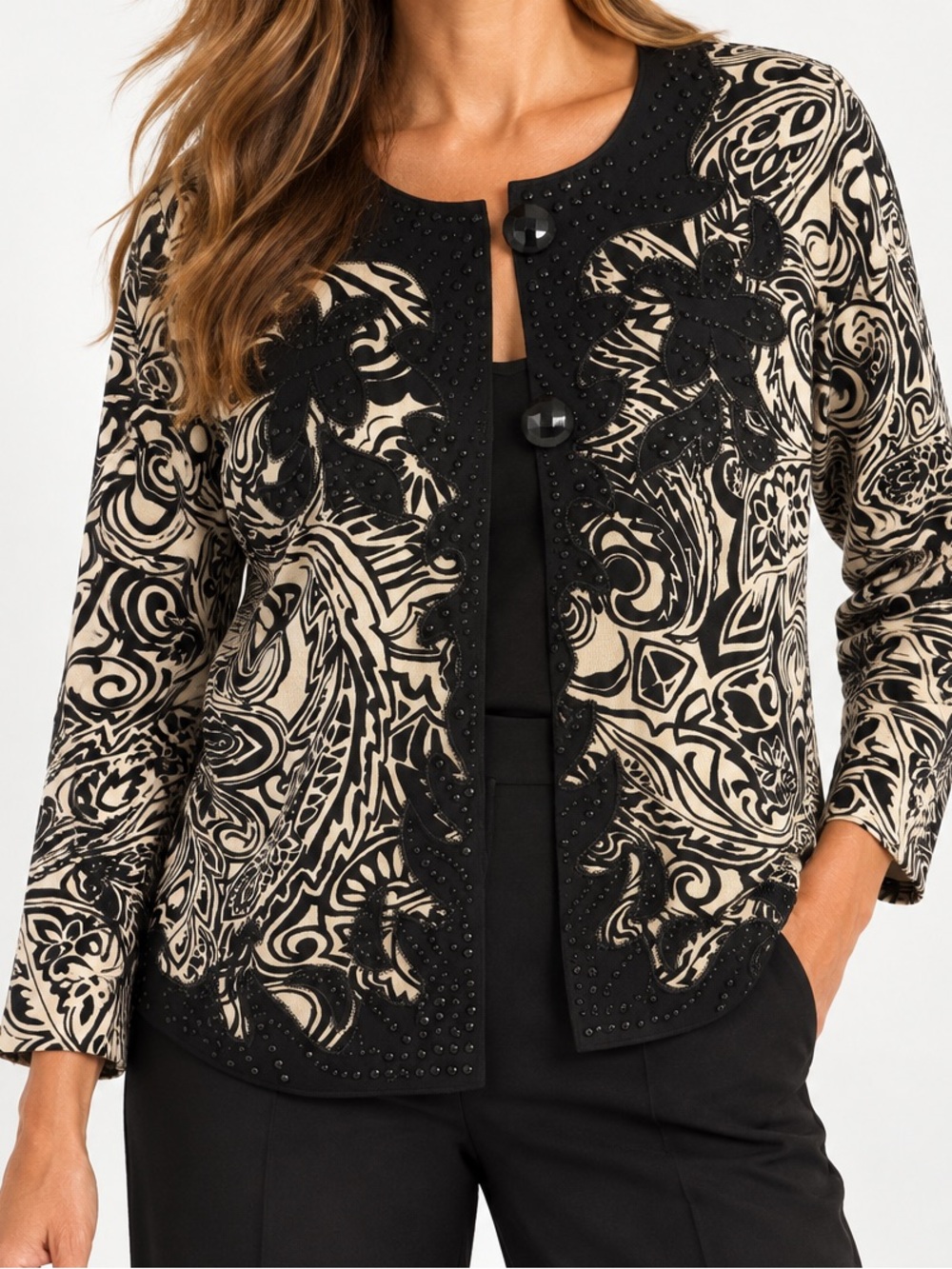 Chico’s Black & Cream Paisley Silk blend Embellished Cardigan